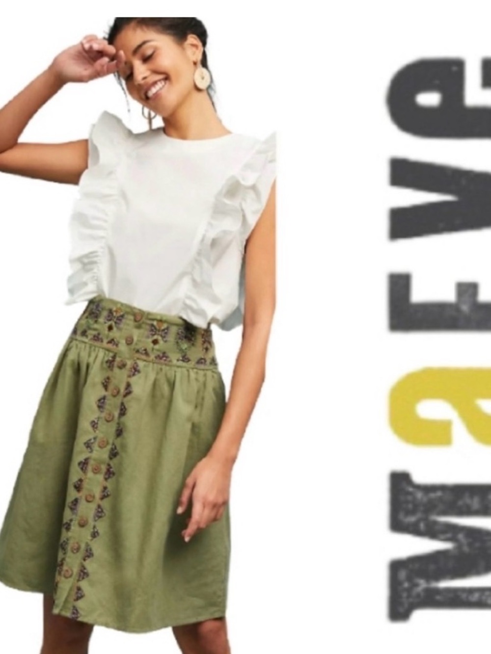 Maeve With Anthropologie Green Geometric Embroidered Buttoned Boho Skirt, 8
